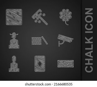 Set Casino chips, Playing card with diamonds, Stacks paper money cash, Security camera, dealer, Poker player, slot machine clover and Game dice icon. Vector