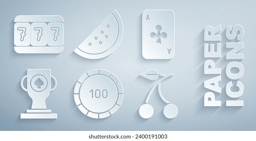 Set Casino chips, Playing card with clubs, poker trophy cup, slot machine cherry, watermelon and Slot lucky sevens icon. Vector