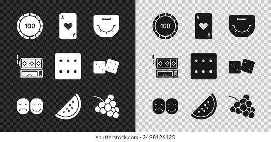 Set Casino chips, Playing card with heart, Poker table, player, slot machine watermelon, grape, Slot and Game dice icon. Vector