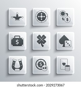 Set Casino chips, and playing cards, Game dice, slot machine with clover, Horseshoe, Briefcase money, Joker and exchange icon. Vector