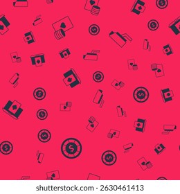 Set Casino chips, and playing cards, Online poker table game and Security camera on seamless pattern. Vector