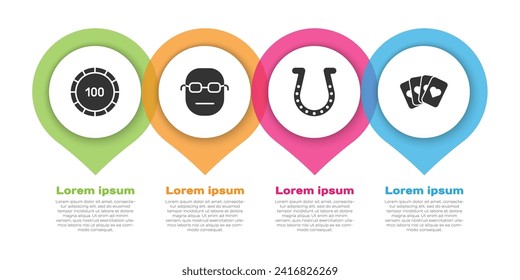 Set Casino chips, Poker player, Horseshoe and Deck of playing cards. Business infographic template. Vector