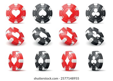 Set casino chips with poker symbols. Realistic isolated gambling elements different angles view. Black and red game tokens, front view chip with crosses, diamonds hearts and spades vector set