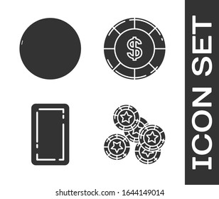 Pon fichas de Casino, rueda de la ruleta del Casino, Jugando carta de vuelta y fichas del Casino con símbolo de dólar icono. Vector