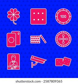 Set Casino chips, Security camera, Game dice, roulette wheel, dealer, Deck of playing cards,  and slot machine with clover icon. Vector