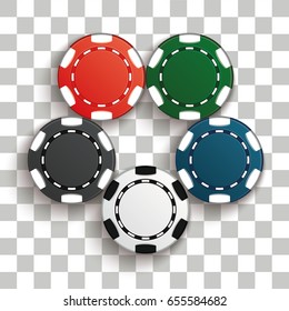 Set of casino chips with shadow. Poker chips realistic layout. Colorful. Set of casino chips black, white, red, blue, green. Vector illustration