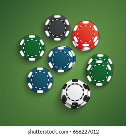 Set of casino chips with shadow. Poker chips realistic layout. Colorful. Black, white, red,  blue,  green, casino chips stacks top view isolated on poker table.