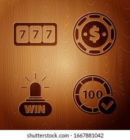 Set Casino chips, Slot machine with lucky sevens jackpot, Casino win and Casino chip with dollar on wooden background. Vector