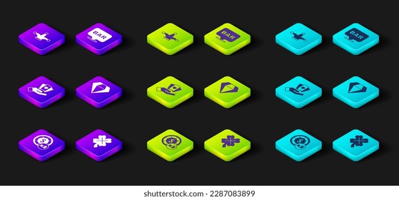 Set Casino chips, slot machine with clover, Hand holding playing cards, Diamond, Alcohol bar location and Joker icon. Vector