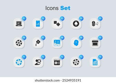 Set Casino chips, slot machine with clover, Online sports betting, Lottery ticket, Calendar,  and Financial growth decrease icon. Vector