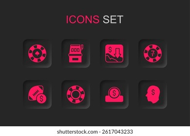 Set Casino chips, Slot machine, Coin money with dollar, Lucky player, Financial growth decrease and American football betting icon. Vector