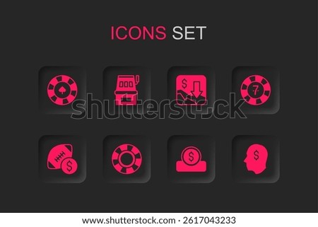 Set Casino chips, Slot machine, Coin money with dollar, Lucky player, Financial growth decrease and American football betting icon. Vector