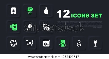 Set Casino chips, Wine glass, slot machine with clover, Online sports betting, Football money, Horseshoe, dollar and poker table game icon. Vector