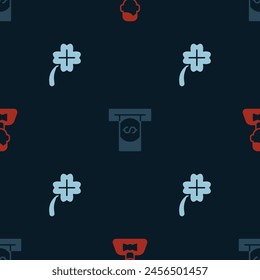 Set Casino dealer, Automated teller machine and money and slot with clover on seamless pattern. Vector