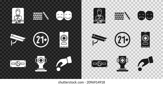 Set Casino dealer, chips, Poker player, Stacks paper money cash, poker trophy cup, Hand holding casino, Security camera and 21 plus icon. Vector
