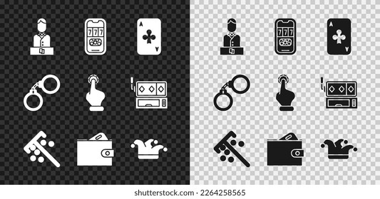 Set Casino dealer, poker tournament invitation, Playing card with clubs, Stick for chips, Wallet money, Joker playing, Handcuffs and holding casino icon. Vector