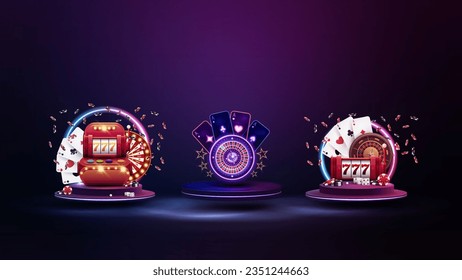 Set of casino elements on podiums with neon frames, slot machine, wheel fortune, roulette wheel, poker chips and neon playing cards