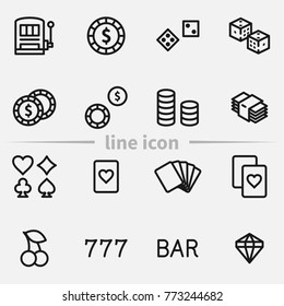 Set of casino elements vector thin line icons.