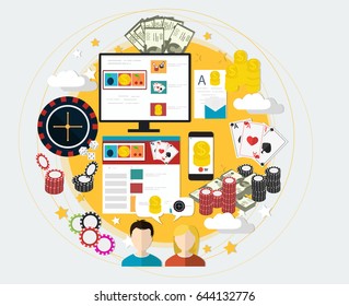 Set of Casino flat design icons. Flat design banner jackpot pockie dice roulette games flat illustration