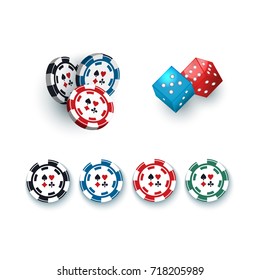 Set of casino, gambling devices - chips, tokens and dices, vector illustration isolated on white background. Group of gambling dices and casino chips, tokens on white background