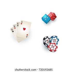 Set of casino, gambling devices - playing cards, chips, tokens and dices, vector illustration isolated on white background. Poker playing cards, gambling dices and casino chips, tokens