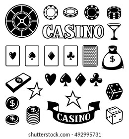 Juego de objetos de juego de casino e iconos.