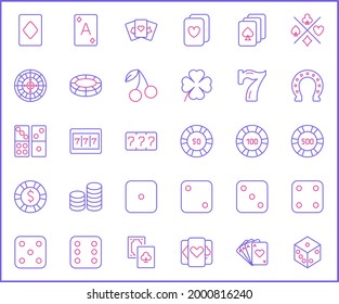 Set of Casino and Gambling Icon line style. Contains such Icons as cherry, cards, chips, dice, slot machine, seven, coin, heart, money, horseshoe And Other Elements. customize color, easy resize.