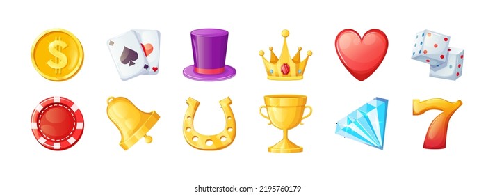 Set of casino and gambling shiny design elements. Golden coin, playing cards, winner cup, chip, diamond. Online casino interface, gambling assets, classic slot machine icons vector cartoon vector