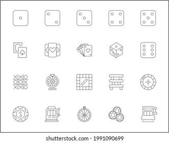 Set of Casino and Gambling sign line style. It contains such Icons as cherry, cards, chips, dice, slot machine, seven, coin, heart, money, horseshoe and other elements.