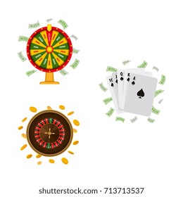 Set of casino, gambling symbols - roulette, wheel of fortune and playing cards, vector illustration isolated on white background. Fortune wheel, roulette game and poker playing cards, casino concept