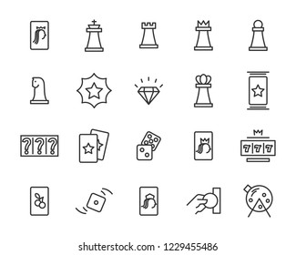set of casino game vector line icons, such as blackjack card, jackpot, bet, luck and more