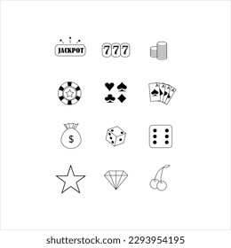 Set of casino icons. Jackpot, slot machine, casino chip, cards, dice, poker, gambling.