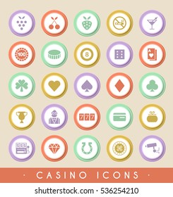 Set of Casino Icons on Circular Colored Buttons. Vector Isolated Elements.