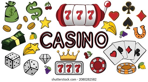 Set of casino icons and symbols. Hand drawn doodle gambling entertainment design concept. Vector illustration.