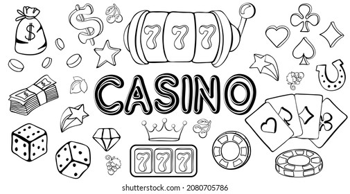 Set of casino icons and symbols. Hand drawn doodle gambling entertainment design concept. Vector illustration.