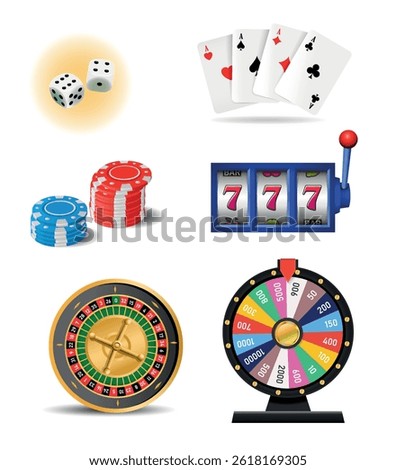 Set of casino items and equipment on white background. Vector realistic illustration