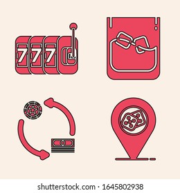 Set Casino location, Slot machine with lucky sevens jackpot, Glass of whiskey and ice cubes and Casino chips exchange on stacks of dollars icon. Vector