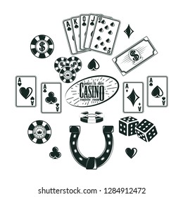 Set of casino, poker and dice elements for vintage logo design, monochrome icons isolated on white background, vector