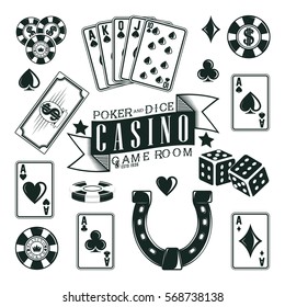 Set of casino, poker and dice elements for vintage logo design, monochrome icons isolated on white background, vector