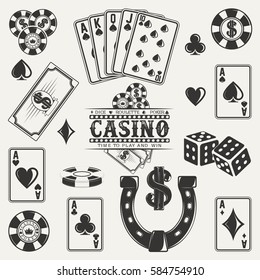 Set of casino, poker and dice elements for vintage logo design, monochrome icons isolated on white background, vector