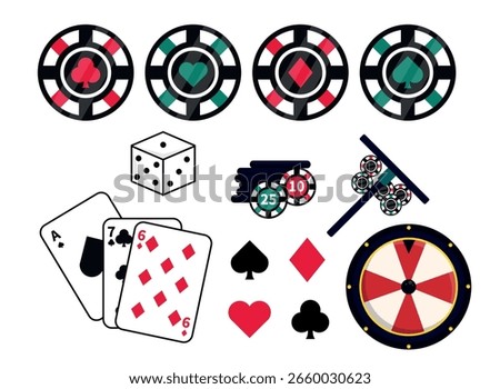 Set of casino poker elements in cartoon style. Vector illustration of gambling: chips, dice, playing cards, wheel of fortune isolated on white background. Card games. Tournament competitions.