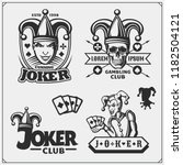 Set of casino and poker emblems and labels with Joker and playing cards.