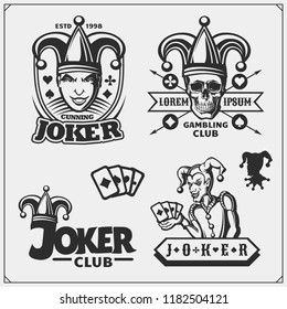 Set of casino and poker emblems and labels with Joker and playing cards.