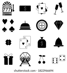 Juego de íconos de casino y póquer. Tarjetas de póquer, ruleta, trajes, máquina tragaperras, tambor de lotería. Diseño moderno. Ilustración vectorial aislada en fondo blanco.