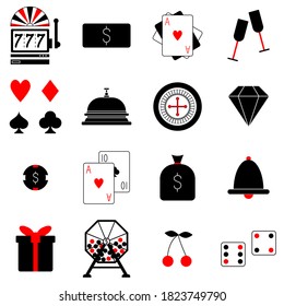 Juego de íconos de casino y póquer. Tarjetas de póquer, ruleta, trajes de cartas, máquina tragaperras, tambor de lotería. Iconos modernos. Ilustración vectorial aislada en fondo blanco.