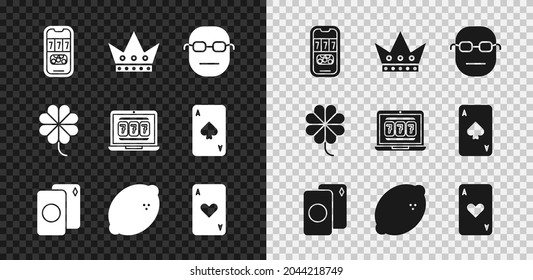 Set Casino poker tournament invitation, King playing card, Poker player, Deck of cards, slot machine with lemon, Playing heart, clover and Laptop and icon. Vector