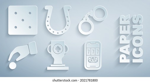 Set Casino poker trophy cup, Handcuffs, holding casino chips, tournament invitation, Horseshoe and Game dice icon. Vector