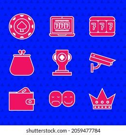 Set Casino poker trophy cup, Poker player, King playing card, Security camera, Wallet with money, Slot machine lucky sevens and chips icon. Vector
