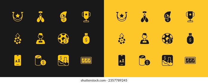 Set Casino poker trophy cup, chip with dollar, Football betting money, Financial growth decrease, dealer, Hand holding casino chips, Horseshoe and Dart arrow icon. Vector