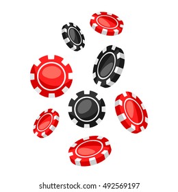 Set of casino red and black chips falling down.